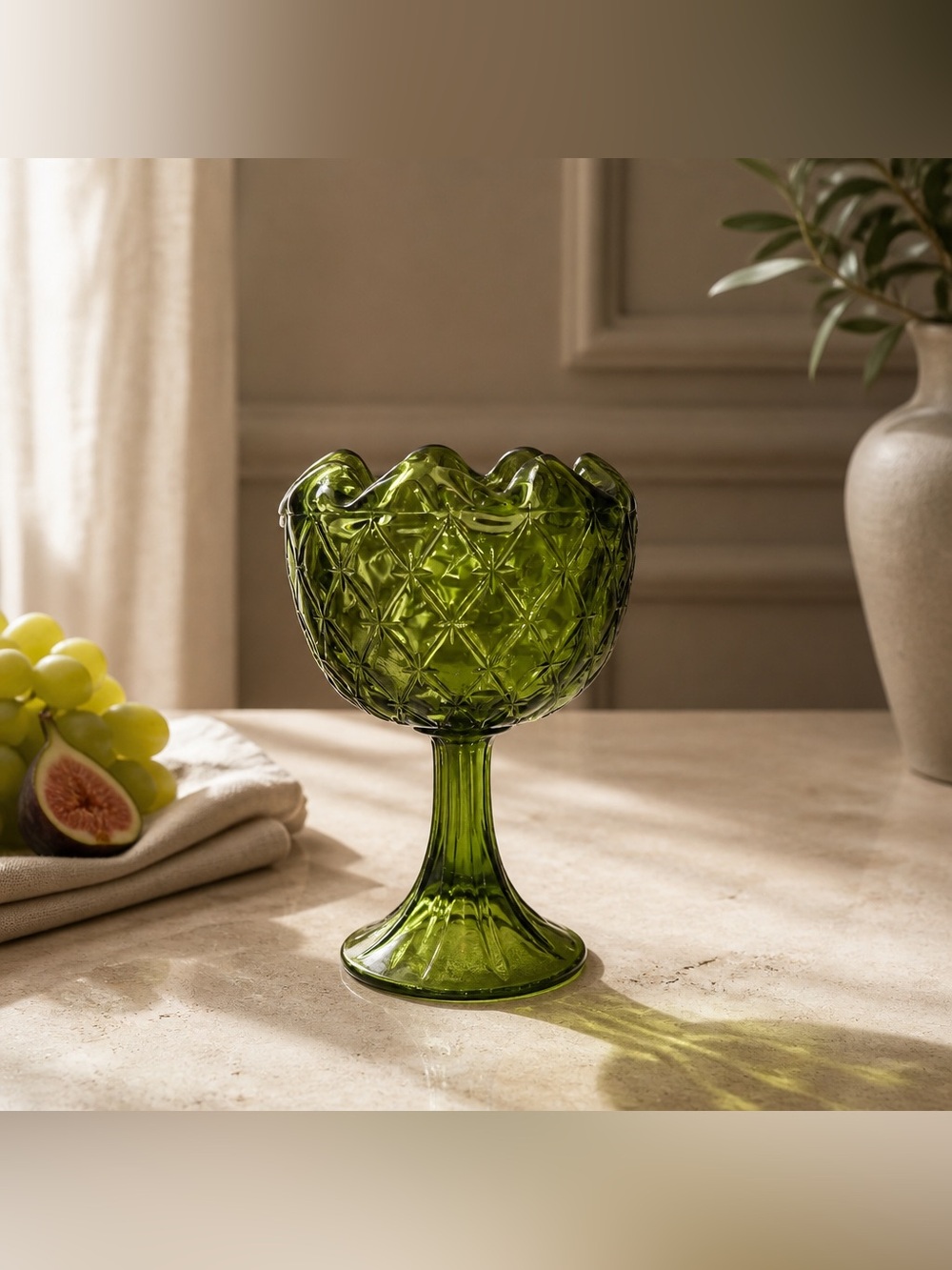 Indiana Glass Avocado Green Pedestal Compote Bowl With Duett Pattern